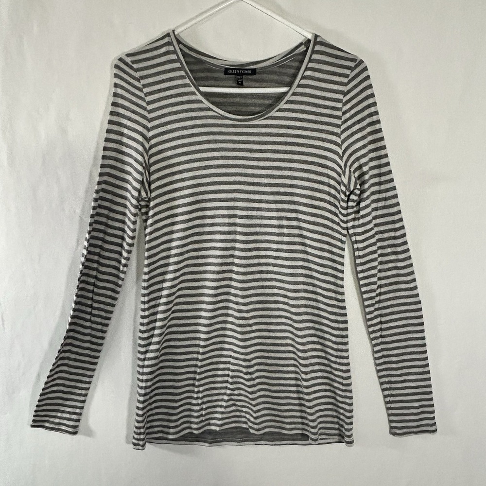 Eileen Fisher Striped Long Sleeve Top Crew Neck Lightweight Gray Size Medium
